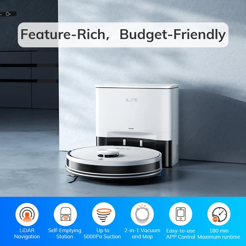 ILIFE A30 PRO Robot Vacuum & Mop Combo – 5000Pa Powerful Suction, Self-Emptying, 60-Day Dustbin, App & Remote Control