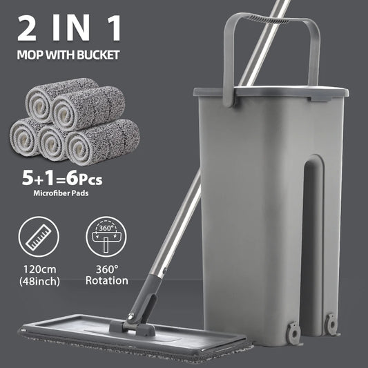 Hand-Free Flat Floor Mop & Bucket Set – Professional Cleaning System with Washable Microfiber Pads for Hardwood, Tile & Home Use